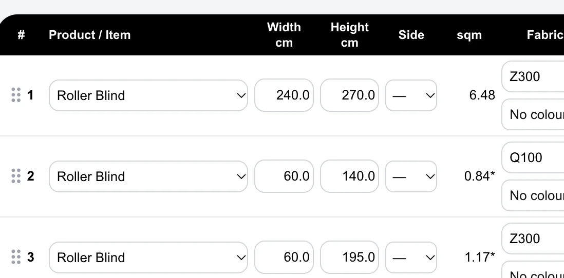 Itemised quotation with sizes, fabrics and colours