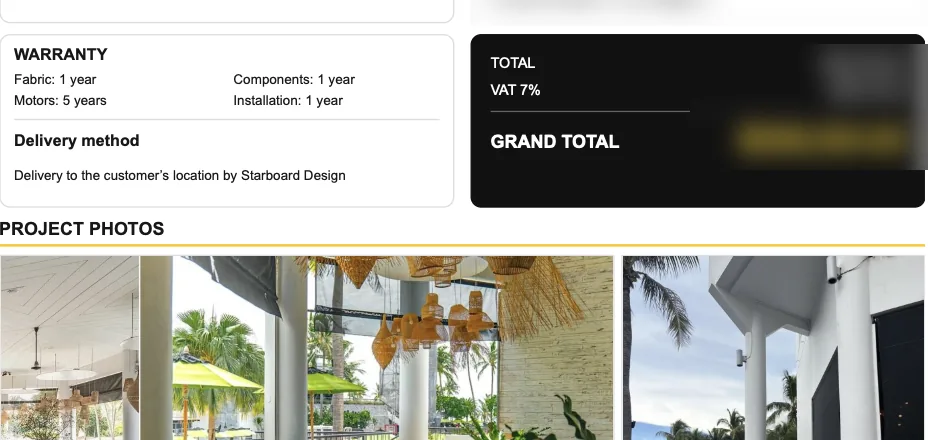 Quotation summary with warranty and project photos